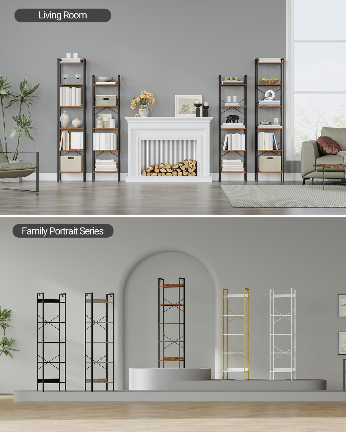 Hzuaneri Bookshelf, Book Shelf, Industrial Bookcase with 2 Hooks, Coner Shelf Storage Organizer for Home Office, Living Room, Bedroom, Kitchen, 5-Tier Rustic Brown BC10501B Hzuaneri