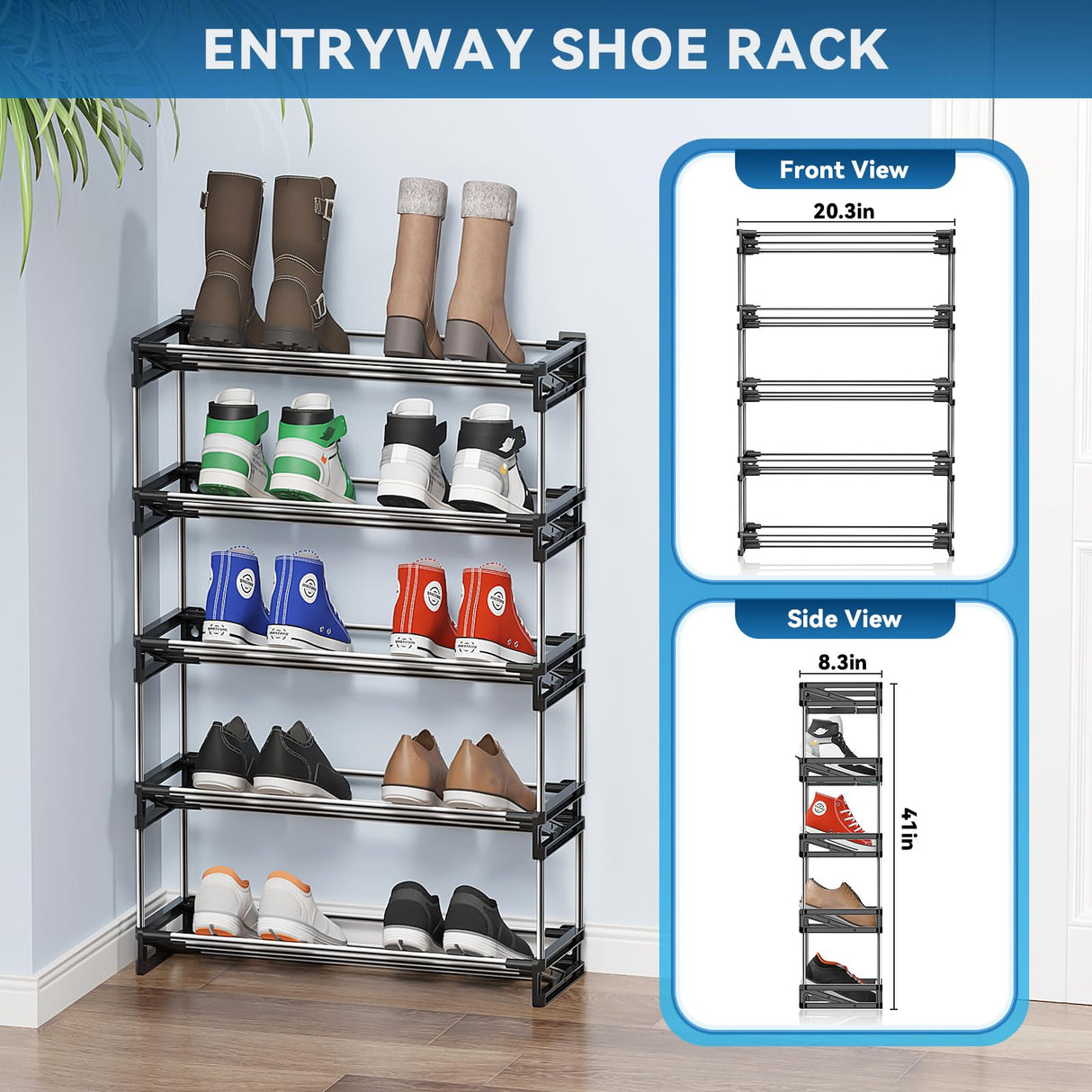 DEYILIAN Free Standing Shoe Racks, 5 Tier Shoe Rack for Entryway Shoe Storage Narrow Shoe Rack Holds 10 Pairs of Shoes with Slanted Space Saving Shoe Shelf Shoe Organizer for Closet Black DEYILIAN