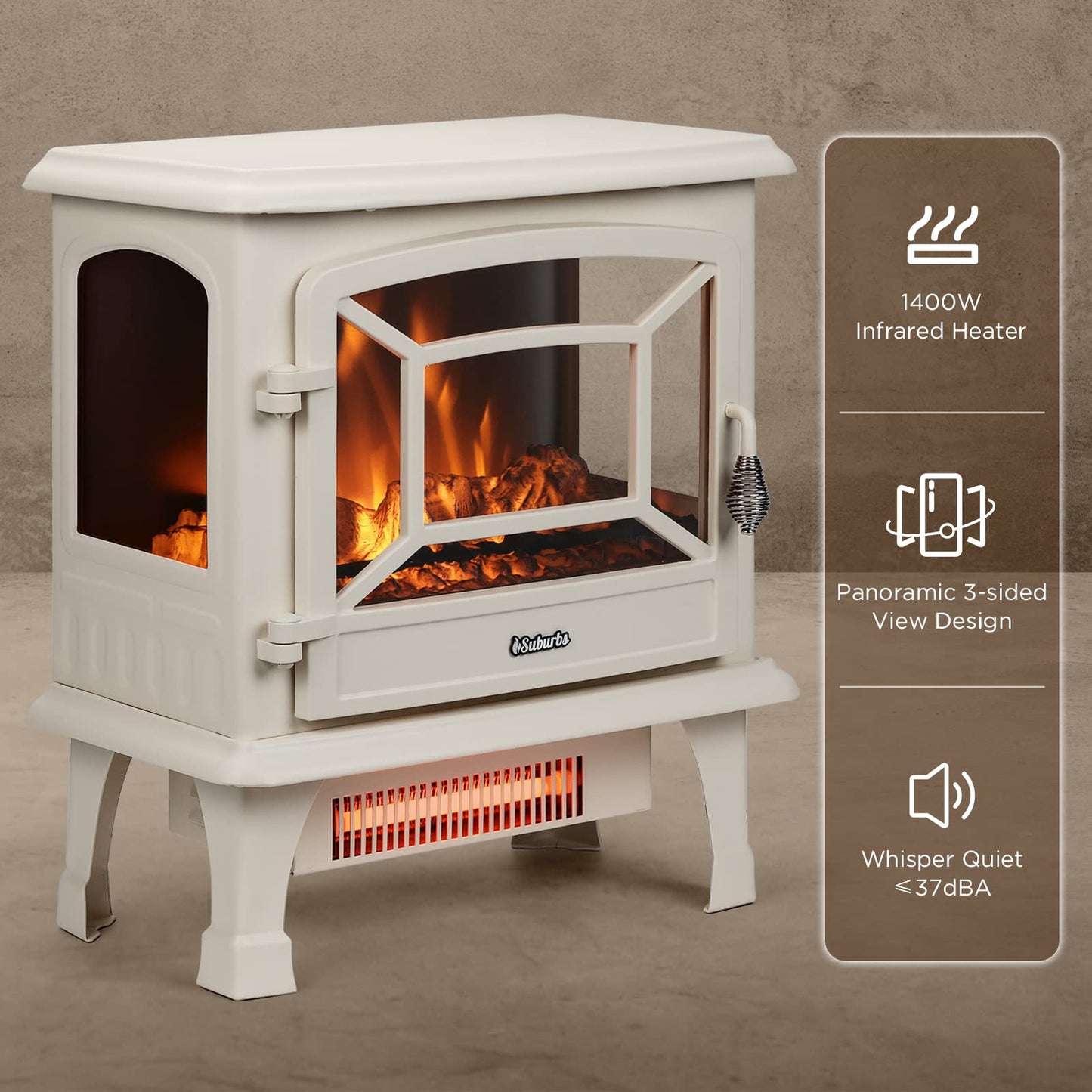 TURBRO Suburbs 20 in. Electric Fireplace Infrared Heater w/Crackling Sound, Freestanding Fireplace Stove w/Realistic Flame Effect, CSA Certified Overheating Protection, Easy to Assemble, 1400W Ivory