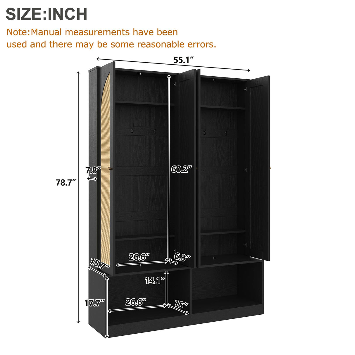 LUMISOL Farmhouse Widen Hall Tree with 4 Rattan Doors for Entryway, 4-in-1 Seating Bench with 6 Hidden Hooks, 78.7”H Entryway Shoe Cabinet with Open Bottom Compartments and Adjustable Shelf, Black LUMISOL