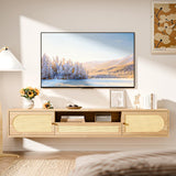 VINGLI 58" Rattan Floating TV Stand, Wall Mounted Entertainment Center with Storage and Drawer, Media Console with Storage Cabinet Shelf Under TV for Living Room, Natural Oak VINGLI