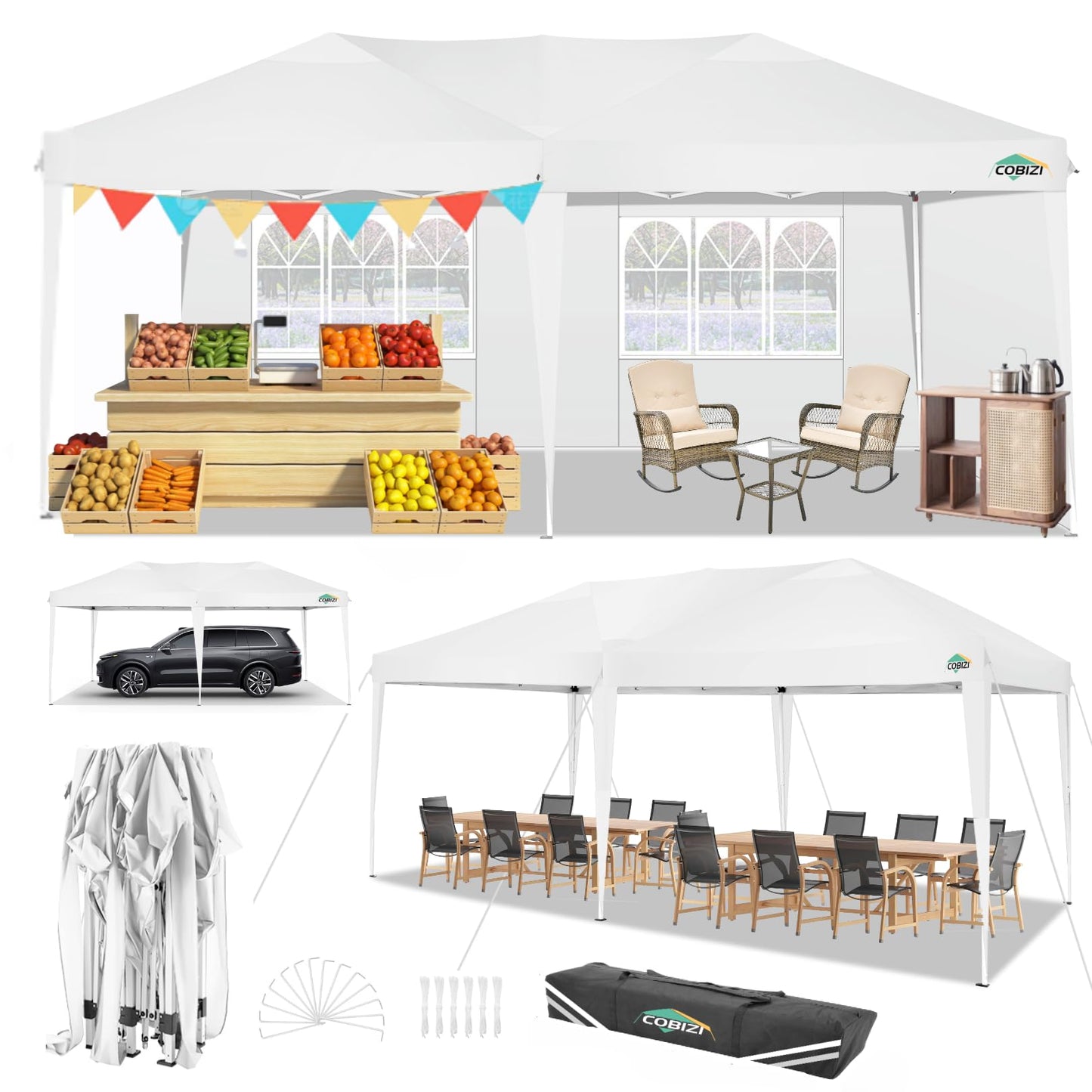 COBIZI 10x20 Pop Up Canopy Tent with 4 Removable Sidewalls, Easy Up Commercial Outdoor Canopy Tent, Waterproof and UV50+ Gazebo with Portable Bag, Tents for Parties/Backyard/Exhibition(10x20ft.