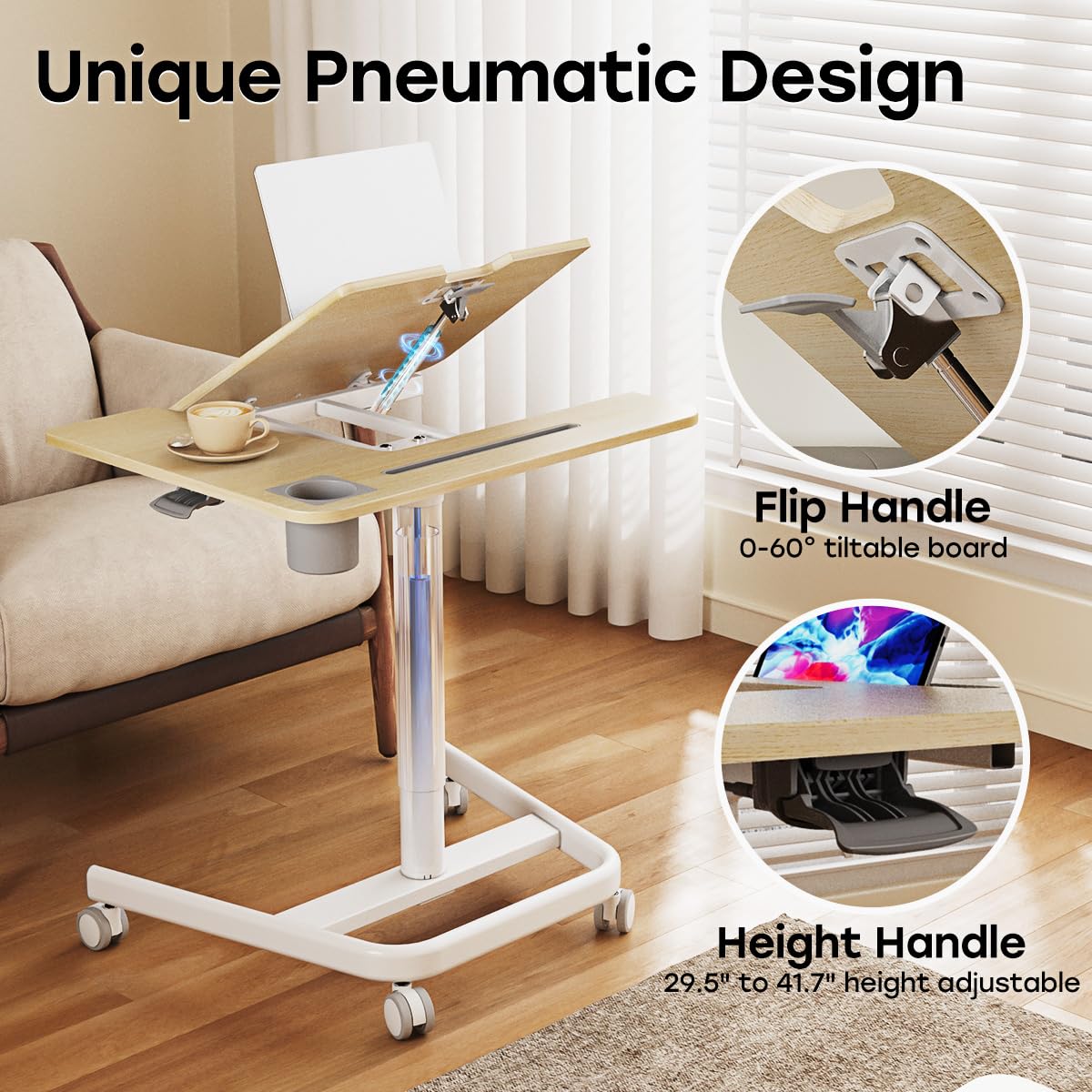 JOY worker Mobile Standing Desk, Pneumatic Height Adjustable Table, 60° Tiltable Rolling Laptop Desk, Portable Sit Stand Desk with Wheels Cup Holder JOY worker