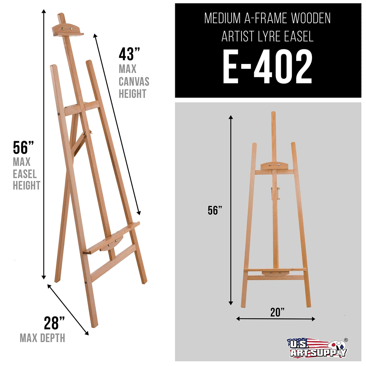 U.S. Art Supply 56" High Medium A-Frame Wood Easel, Lyre Style Studio - Artists Floor Stand, Sturdy Beechwood, Adjustable Height To 43" Canvas - Artwork Painting, Drawing, Sign Display Holder, Student U.S. Art Supply
