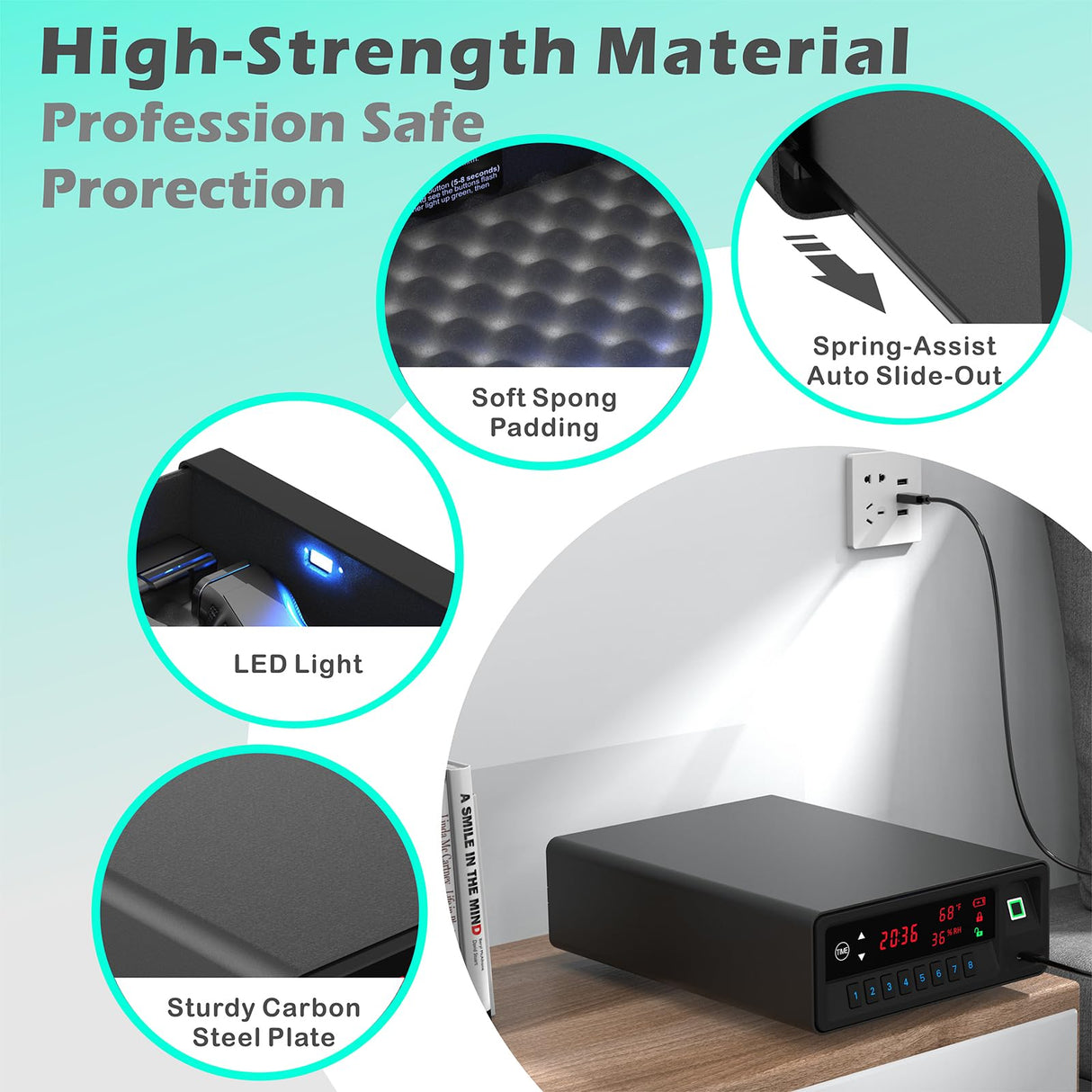 QINGENO Biometric Gun Safe,Clock Smart Safe Display with Temp,Humidity,Low Battery Warning,Drawer Gun Safe for Handgun - Nightstand Handgun Safe Pistol Safe (Black) QINGENO