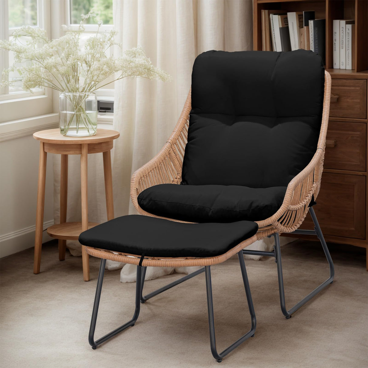 HOMEZILLIONS Outdoor Wicker Papasan Egg Chair with Ottoman, Patio Basket Lounge Chair Indoor Egg-Shaped Rattan Reading Lounger with Thick Cushion for Living Room Bedroom Balcony Porch, Black HOMEZILLIONS