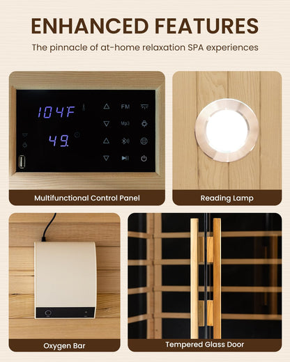 SpaZeit 1 Person Far Infrared Sauna for Home Spa, 1000W Low EMF Wooden Dry Sauna Room with LED Lamp, LCD Control Panel, Tempered Glass Door, 7 Colors Lighting, 66.93"x31.44"x31.44"