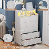 Furnulem Tall Chest of Drawers for Bedroom,5 Drawer Dresser with Charging Station and LED Light,Wood Deep Slide Drawer for Clothes,Blanket in Living Room, Closet,Entryway,White Dresser Furnulem