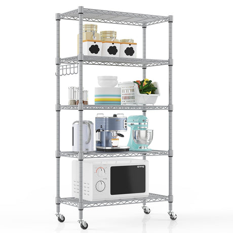 Himimi 5-Tier Storage Shelf Wire Shelving Unit on Wheels, Adjustable Heavy Duty Metal Shelves with Side Hooks, Steel Rack Organization for Kitchen Garage Basement, Silver Himimi
