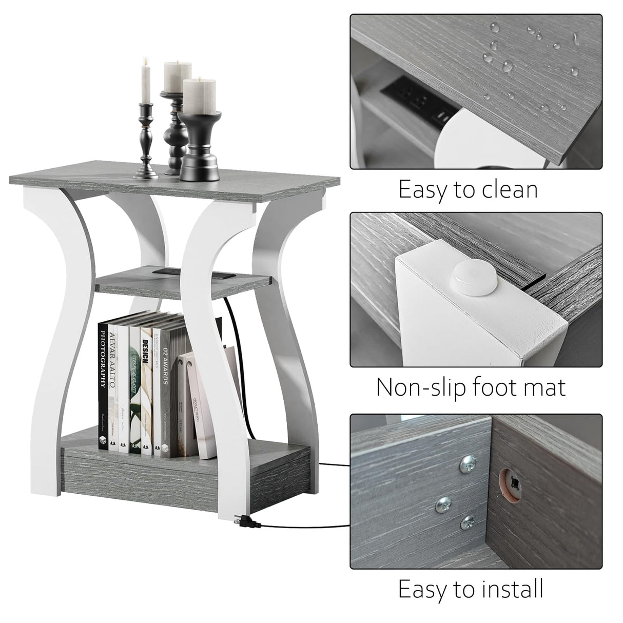 FROMJBEST End Table Set of 2 with Charging Station, Side Table with USB Ports and Outlets, Nightstand, 3 Tier End Table with Storage Shelf for Living Room, Bedroom (Grey Set of 2) FROMJBEST