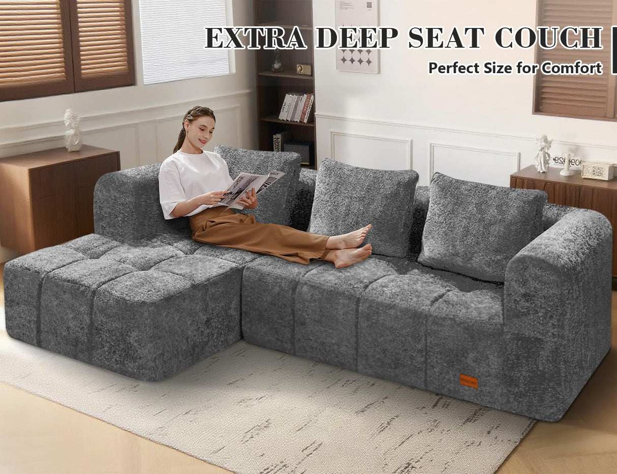 HABUTWAY 103" L-Shaped Modular Sectional Sofa, No Assembly Required Deep Seat Couch with 3 Pillows, Soft Fabric Upholstered, Modern Chaise Lounge for Living Room, Bedroom, Grey HABUTWAY