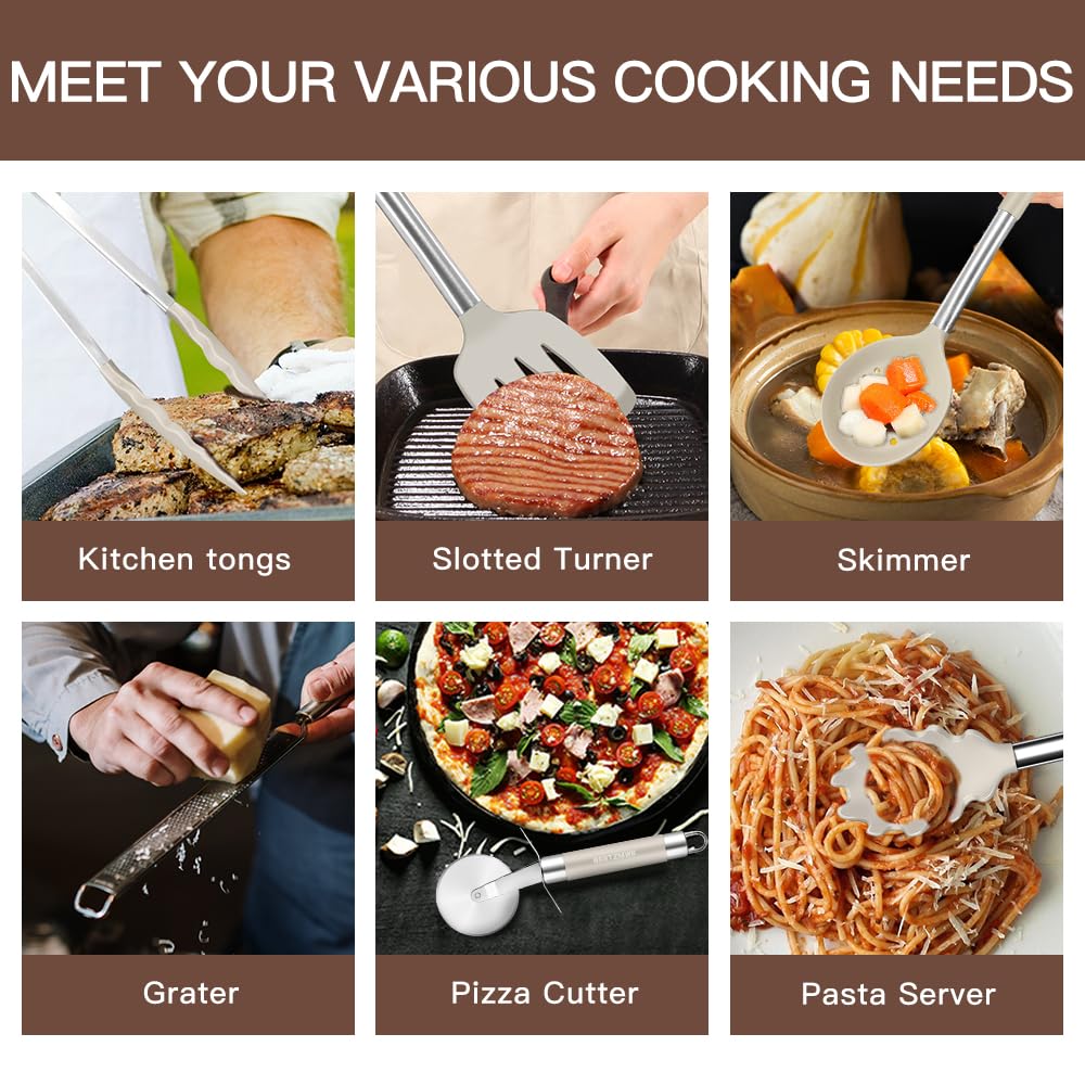 Kitchen Utensils Set-Silicone Cooking Utensils-33pcs Non-Stick Silicone Cooking Kitchen Utensils Spatula Set with Holder-Best Kitchen Cookware with Stainless Steel Handle (Khaki) BESTZMWK