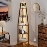Furnulem 5 Tier Corner Shelf with LED Light, 67.2” Tall Standing Shelf for Wall Corner, Narrow Bookshelf Ladder Shelf for Bedroom, Living Room, Plant, Wood Storage Rack, Metal Frame (Rustic Brown) Furnulem