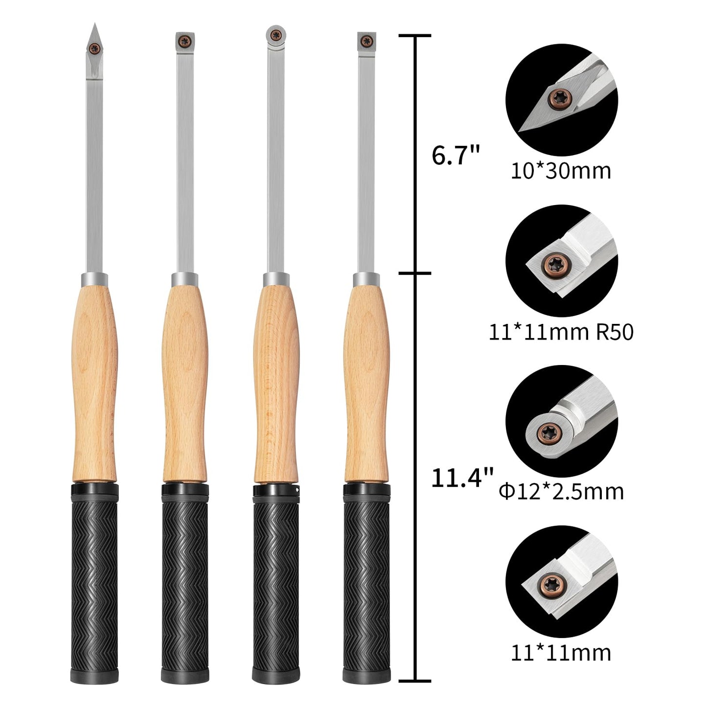 DEEFIINE 18.3" Full Size Carbide Tip Wood Lathe Turning Tool Kit, Lathe Roughing and Finishing Tool with Diamond Round Square Carbide inserts For Woodturning （4pcs) - WoodArtSupply