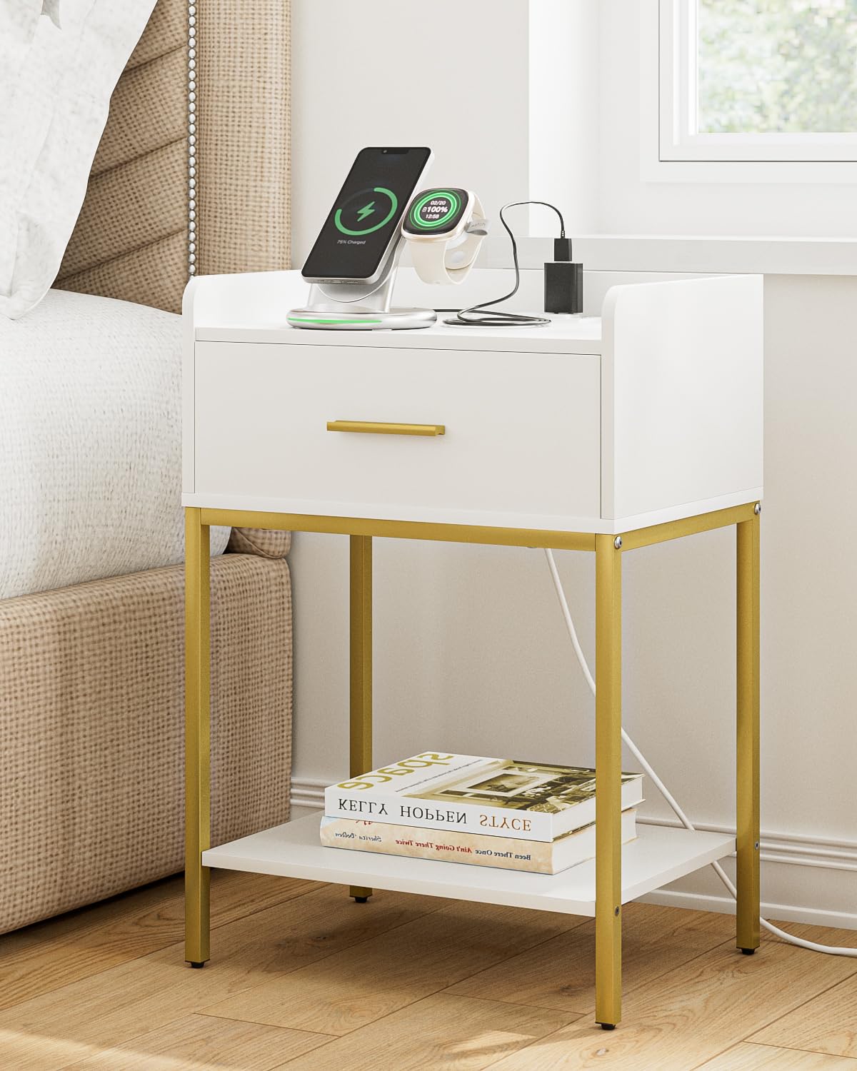 Aienvey Nightstand with Charging Station,Bedside Table with Drawer and 2 Shelf Storage, Small Side Table, Modern White Night Stand, Tall End Table for Bedroom, Living Room Aienvey