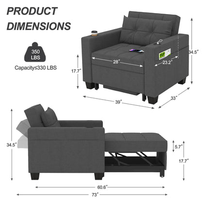 DURASPACE 39 Inch Sleeper Chair 3-in-1 Convertible Chair Bed Pull Out Sleeper Chair Beds Adjustable Single Armchair Sofa Bed with USB Ports, Side Pocket, Cup Holder (Dark Gray Linen) - WoodArtSupply