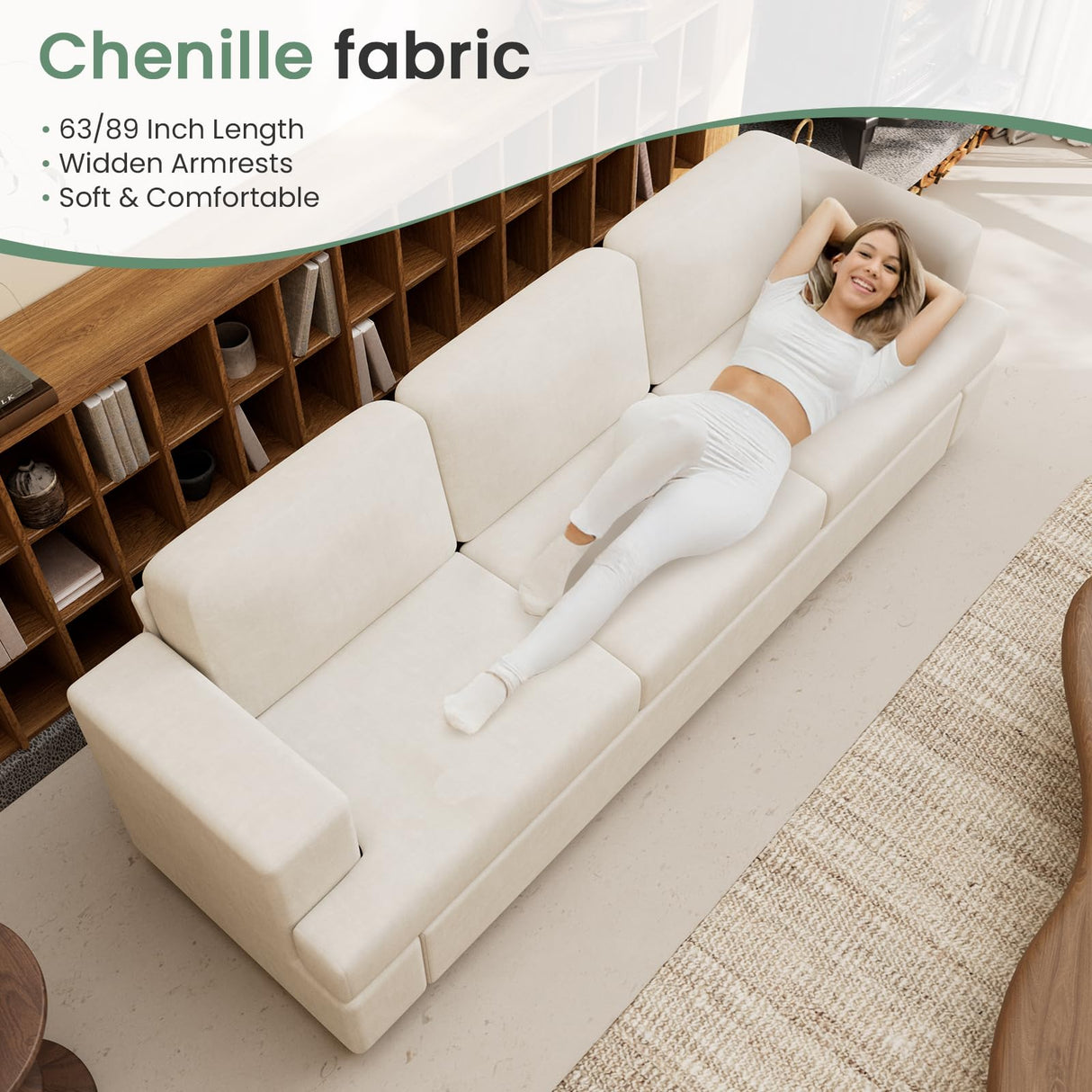 YOUDENOVA Sofa, 2 Piece Set Comfy Couch, 3 Seater & Loveseat Sofa with Deep Seats, Modern Sleeper Couch for Living Room, Beige Chenille YOUDENOVA