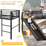 Giantex Twin Loft Bed with Slide, Metal Low Bunk Bed w/Safety Guardrails & Built-in Ladder, Toddler Bed Floor Frame for Boys & Girls, No Box Spring Needed (Black) Giantex