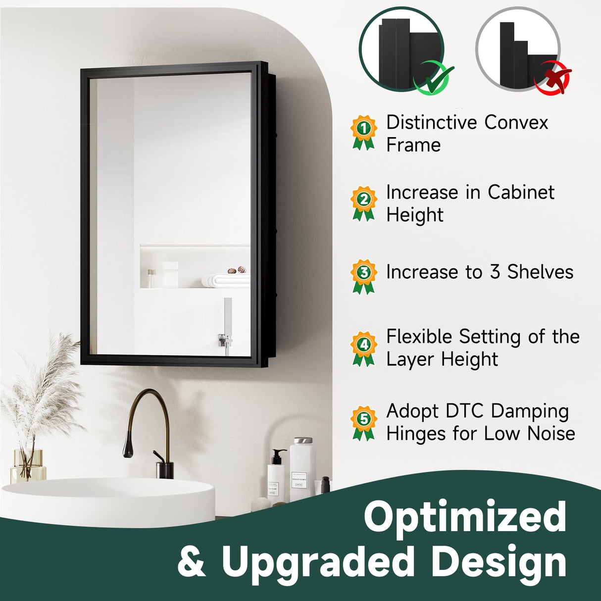 BOHMIROO 16x24 Inch Medicine Cabinet Mirror for Bathroom Recessed Medicine Cabinet with Mirror or Surface Wall-Mounted Aluminum Alloy Framed Bathroom Cabinet Mirror Black Metal BOHMIROO