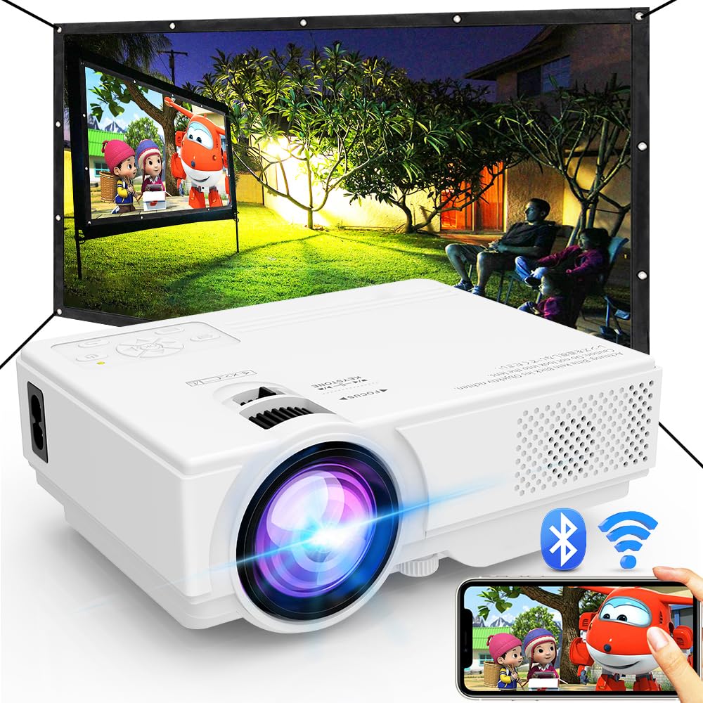 Projector with WiFi and Bluetooth, Upgrade Outdoor Projector, Mini Movie Projector Supports 1080P Synchronize Smartphone Screen by WiFi/USB Cable for Home Entertainment