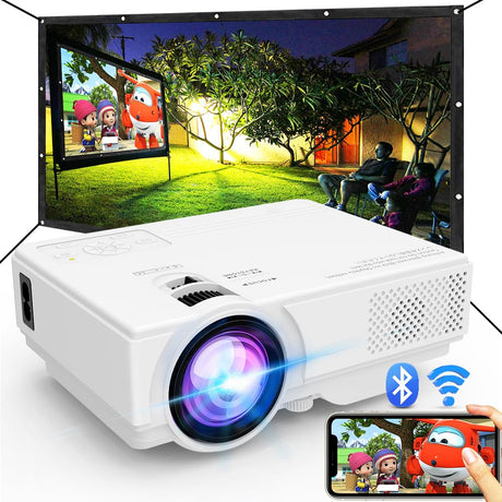 Projector with WiFi and Bluetooth, Upgrade Outdoor Projector, Mini Movie Projector Supports 1080P Synchronize Smartphone Screen by WiFi/USB Cable for Home Entertainment NISOO