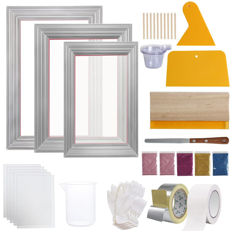 VEVOR Screen Printing Kit, 3 PCS Aluminum Silk Screen Printing Frames, 5 Glitters and Screen Printing Squeegees and Transparency Films, 6x10/8x12/10x14inch 110 Count Mesh, for DIY T-Shirts Printing VEVOR