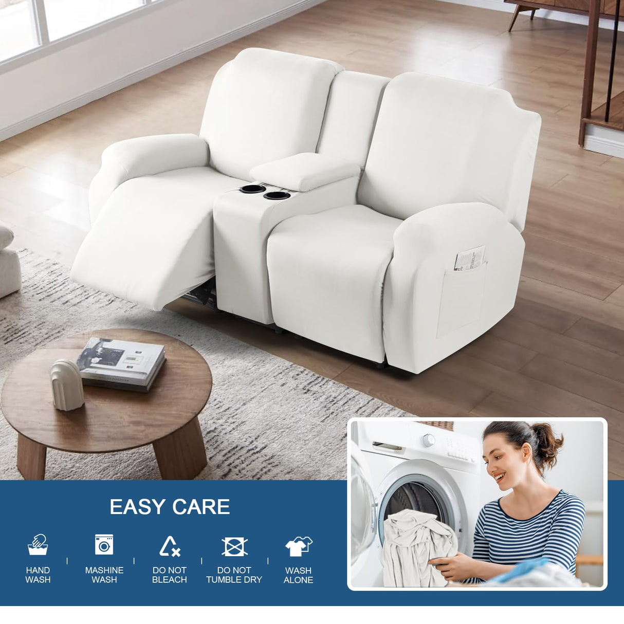 TAOCOCO Reclining Loveseat with Middle Console Slipcover, 4 Piece Polyester Fabric Stretch Loveseat Reclining Sofa Covers (Milk White, 2 Seat Recliner Cover with Console) TAOCOCO