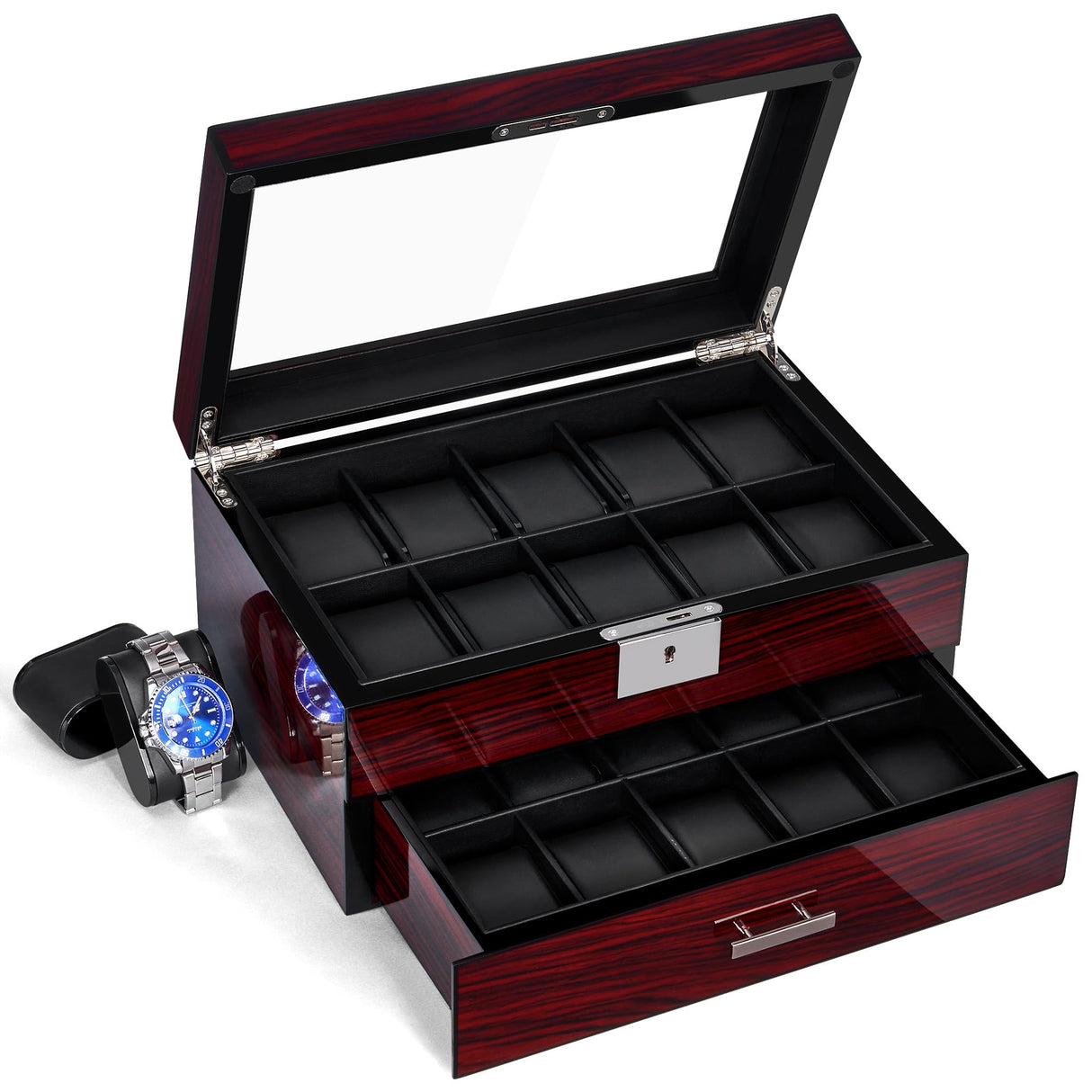 ANWBROAD 20 Slot Watch Box for Men and Women - 2-Tier Display Case With Large Glass Lid, Lockable Wooden Organizer, Luxurious Holder UJWB002Y ANWBROAD