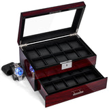 ANWBROAD 20 Slot Watch Box for Men and Women - 2-Tier Display Case With Large Glass Lid, Lockable Wooden Organizer, Luxurious Holder UJWB002Y ANWBROAD