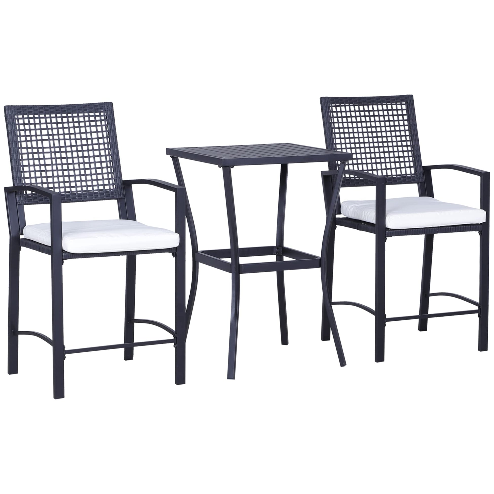 Outsunny 3pcs Patio Bar Set with Soft Cushion, Rattan Wicker Outdoor Furniture Set for Backyards, Lawn, Deck, Poolside - WoodArtSupply