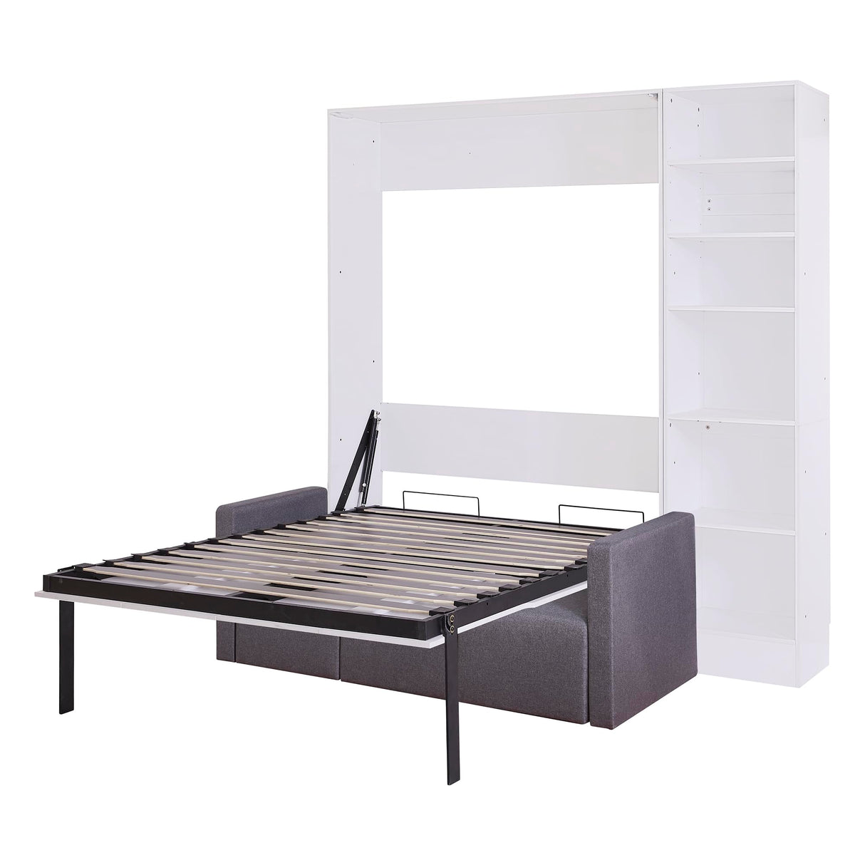 Full Size Murphy Bed Wall Bed with Sofa and Storage Shelves, White Merax