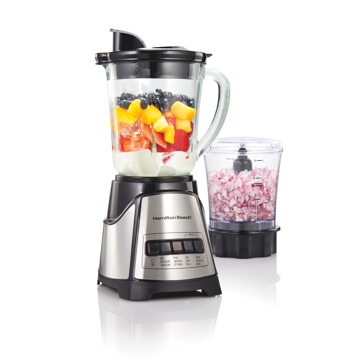 Hamilton Beach Power Elite Blender for Shakes and Smoothies with 3-Cup Vegetable Chopper Mini Food Processor, 40oz Glass Jar, 12 Functions for Puree, Ice Crush, Black and Stainless Steel (58149) Hamilton Beach