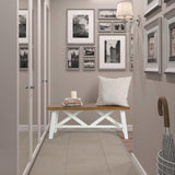 Wnutrees 43" Farmhouse Wood Bench, Rustic Solid Wood Entryway Bench Seat with Double X-Structure for Dining Room, Living Room, Hallway, Structural Stability, White Wnutrees