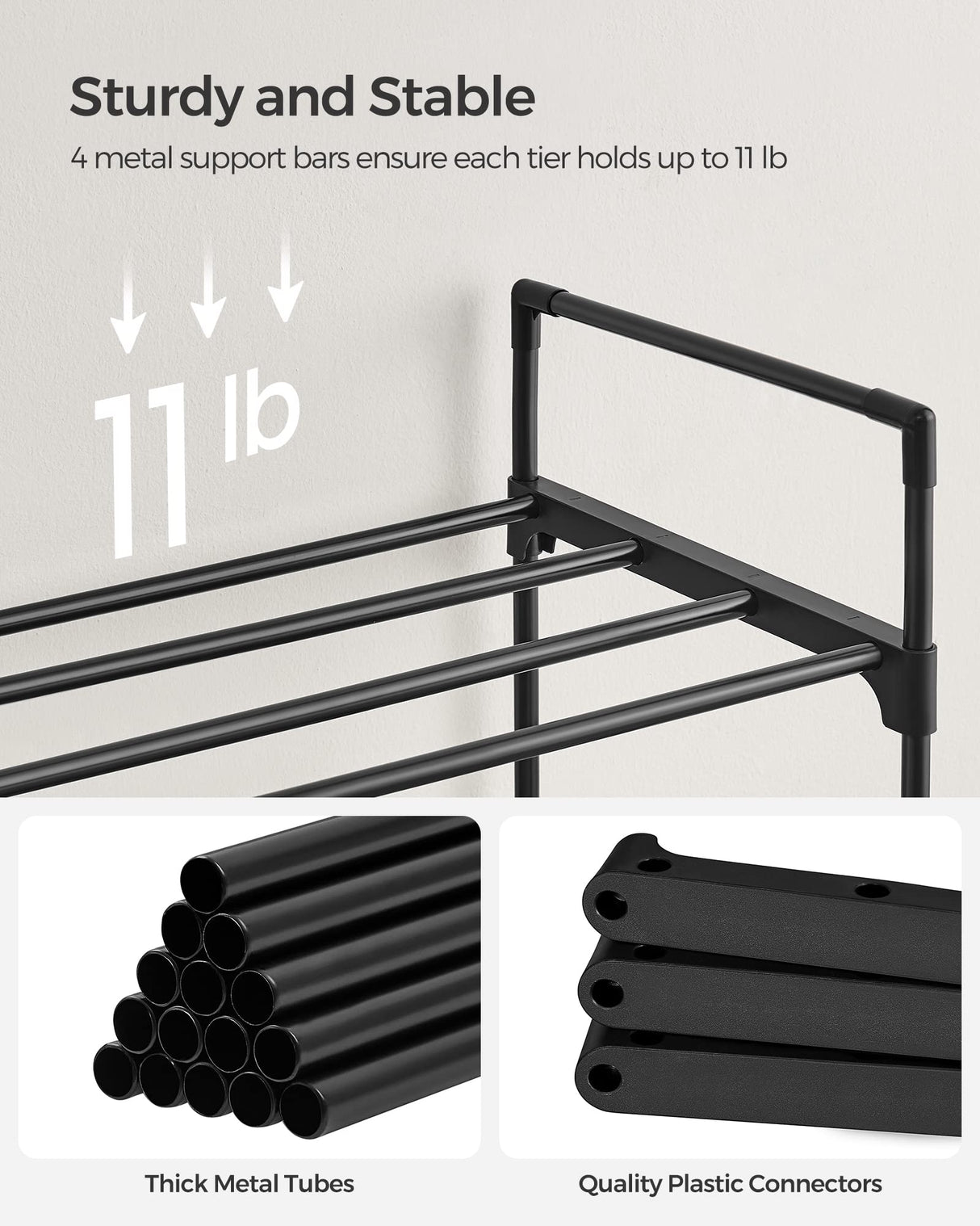 SONGMICS Shoe Rack, 3-Tier Shoe Storage Organizer, Metal Shoe Shelf, 12 to 15 Pairs Shoes, Stackable Shoe Tower for Living Room, Entryway, Hallway, Closet, Black ULSA13BK SONGMICS