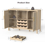 OTUTUMUS Rattan Wine Bar Cabinet, Boho Rattan Home Wine Bar Cabinet with Glass Holder and Drawer Style Wine Racks, Oak Sideboard Buffet Storage Cabinet for Living Dining Room Kitchen OTUTUMUS