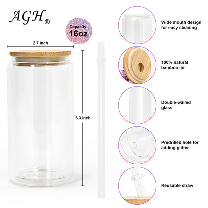 AGH Sublimation Snow Globe Glass Can Blanks 16 oz 6 Pack Sublimation Double Wall Glass Tumbler with Bamboo Lids and Straws Pre-drilled Cups for Snow Globe glitter Clear