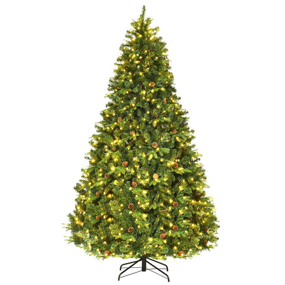 Goplus 8ft Pre-Lit Artificial Christmas Tree, Premium Spruce Hinged Tree 600 LED Lights and Pine Cones, Xmas Tree for Holiday Indoor Décor