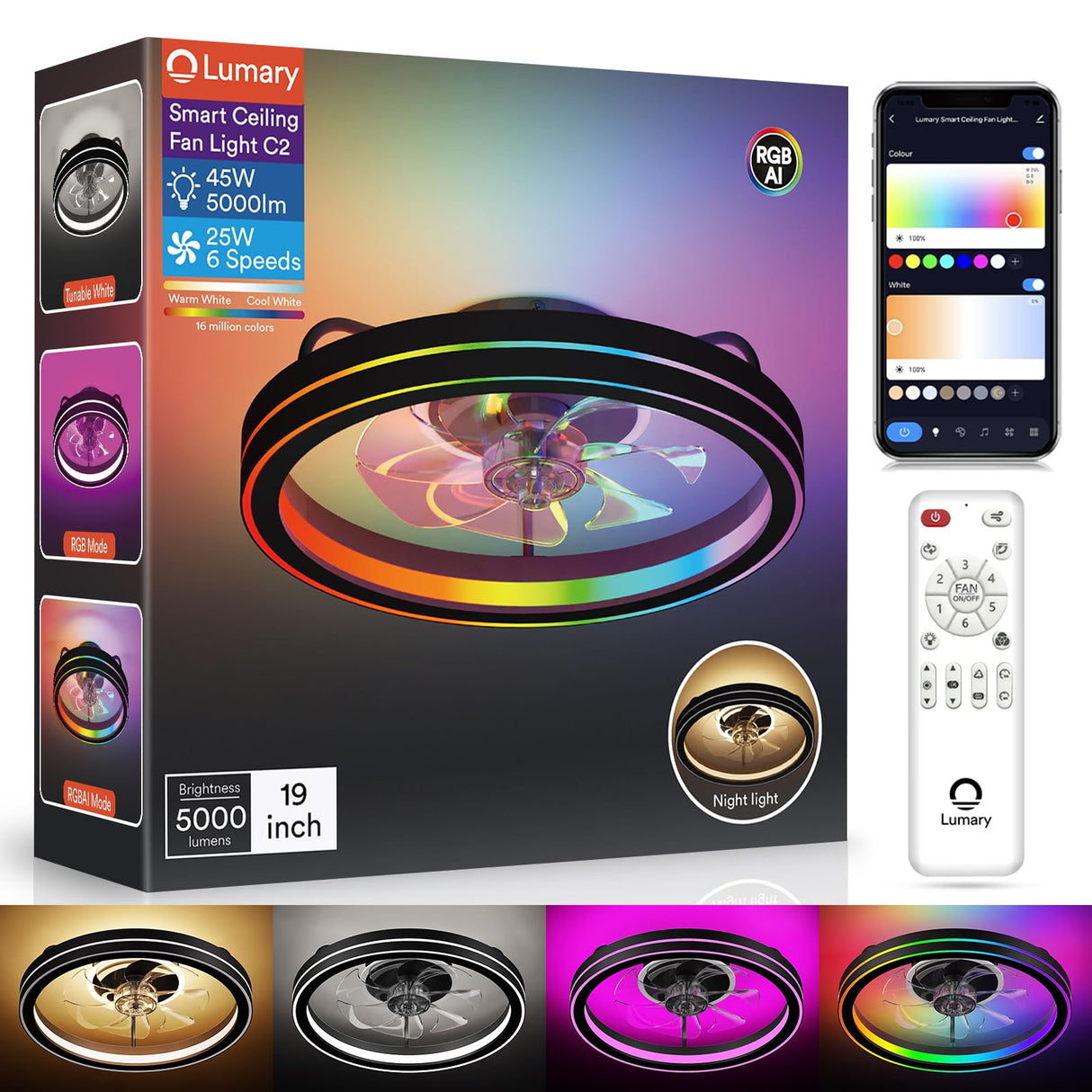 Lumary Smart Ceiling Fan Light with 2200K Nightlight, WiFi & Bluetooth Low Profile Ceiling Fan with Light Remote for Bedroom, RGBAI & 42 Scenes Mode, Flush Mount Easy to Install, 5000 LM, 19in Black Lumary