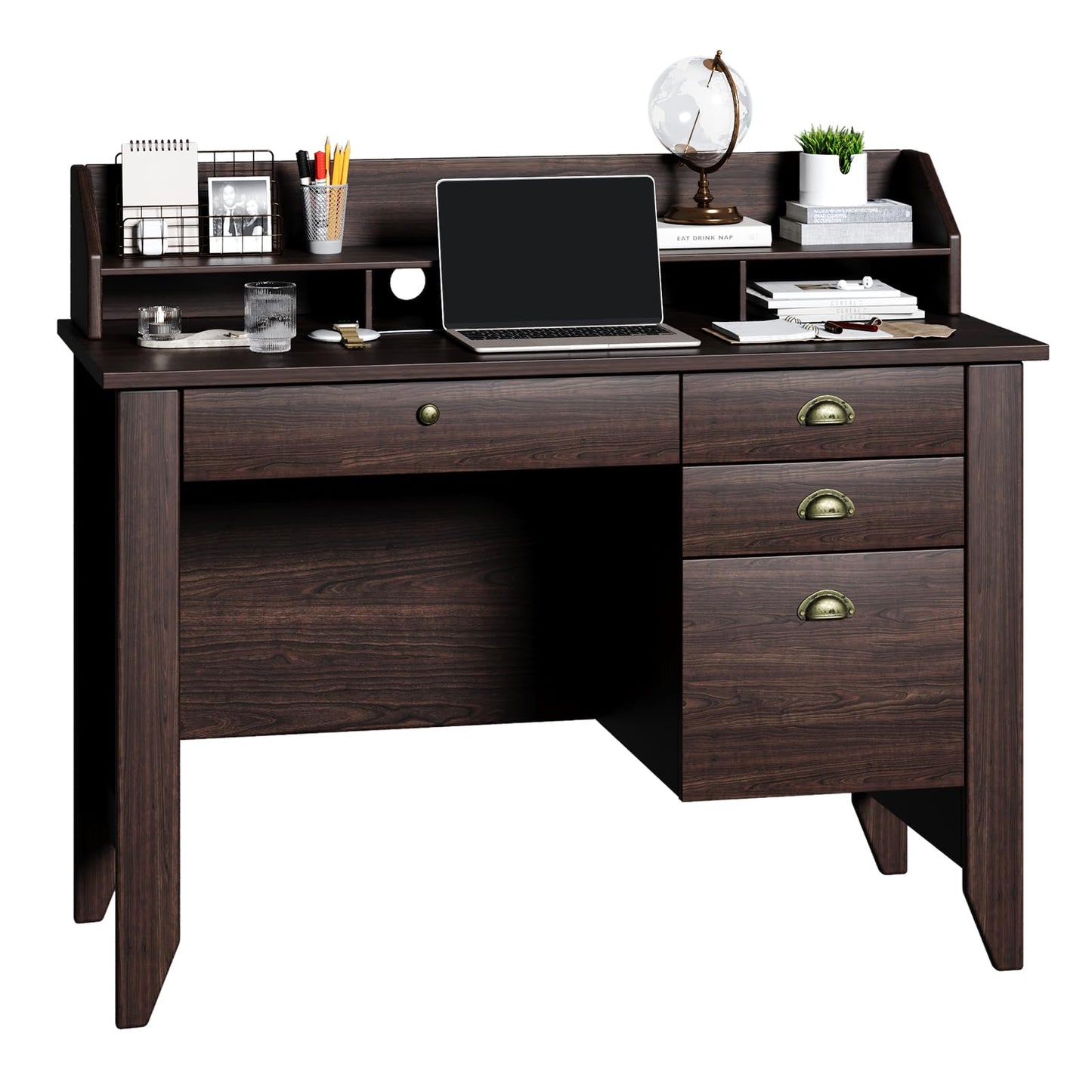 4 EVER WINNER Office Desk with File Drawer, 47 Inch Computer Desk with Drawers and Monitor Stand, Writing Desk for Bedroom, Study Table for Small Spaces, Coffee