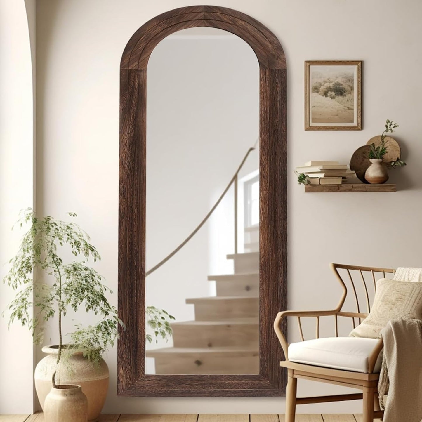 ZHUNFA Arched Full Length Mirror with Solid Wood Frame, 65x22 Farmhouse Wall Mounted Floor Mirror with Stand, Vertical Hanging, Leaning Standing for Bedroom, Living Room, Brown