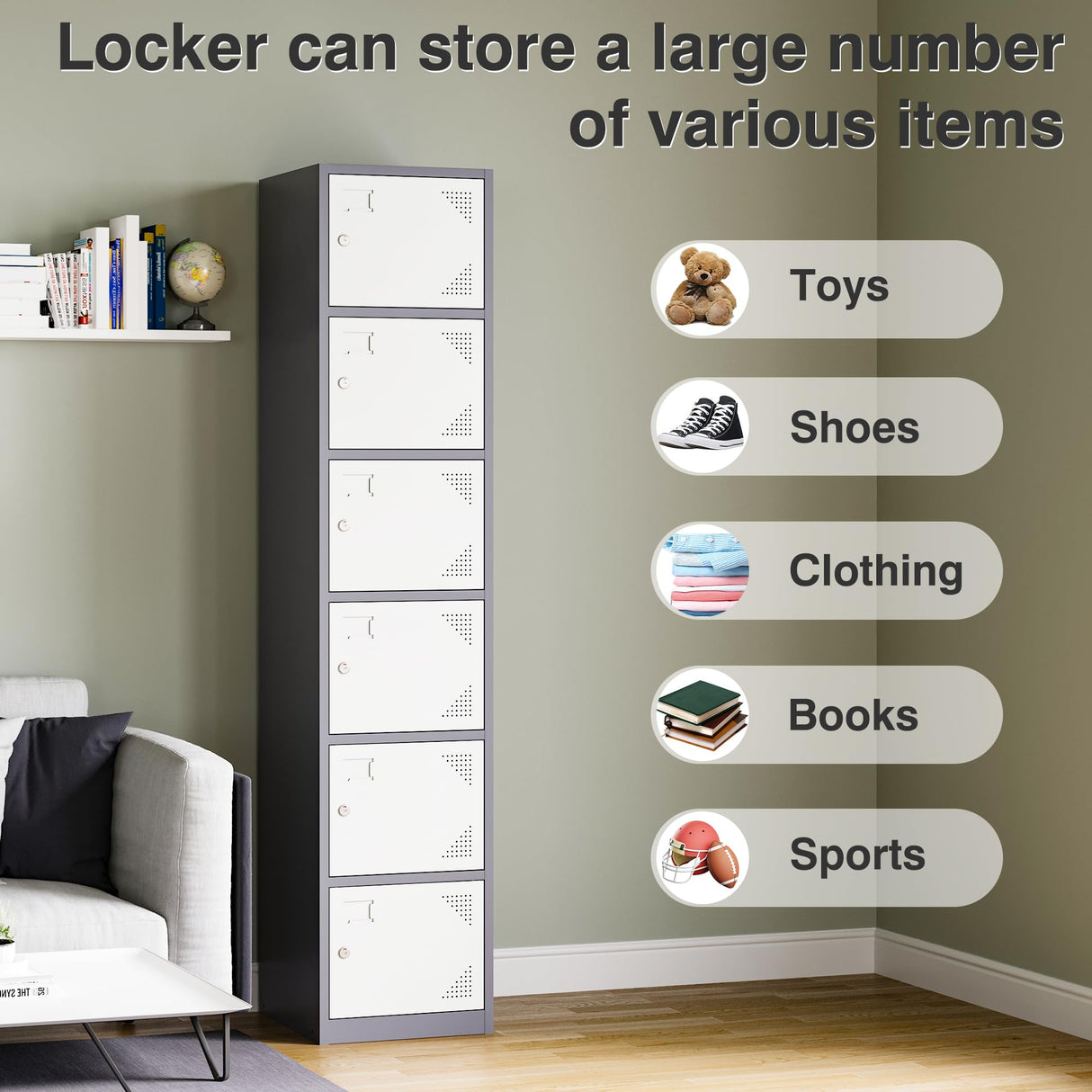 SISESOL Metal Locker Storage Cabinet with Doors and Shelves Metal Lockers with 6 Doors,71" Lockable Small Locker Storage Cabinet for Employees,School, Office, Home, Gym(White/Grey) SISESOL