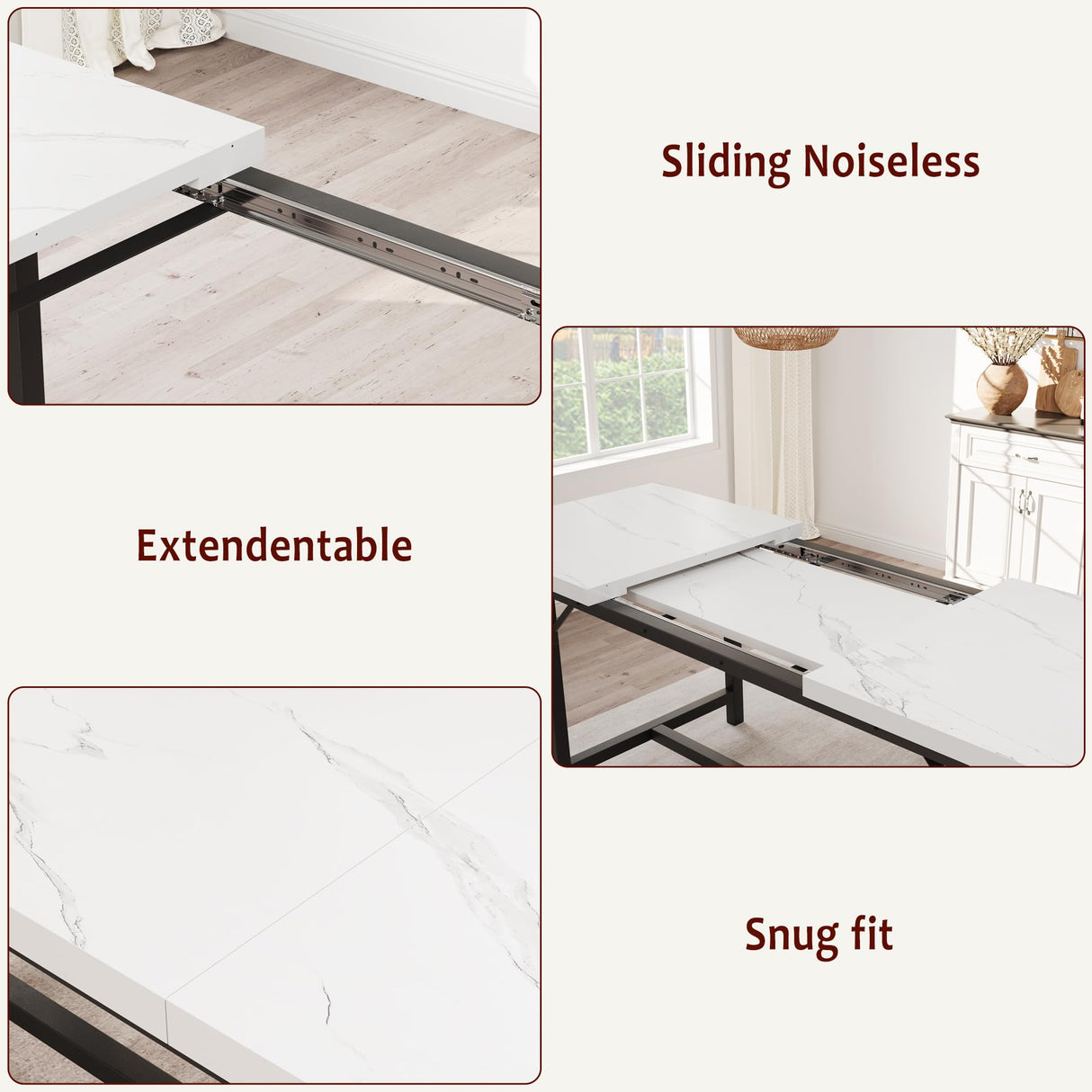 GarveeHome Extendable Dining Table Set for 4-6, Rectangle Large Extendable Kitchen Table with 2 Upholstered Benches & Metal Corner Protect for Dining, Apartment, Space Saving, Marble White GarveeHome