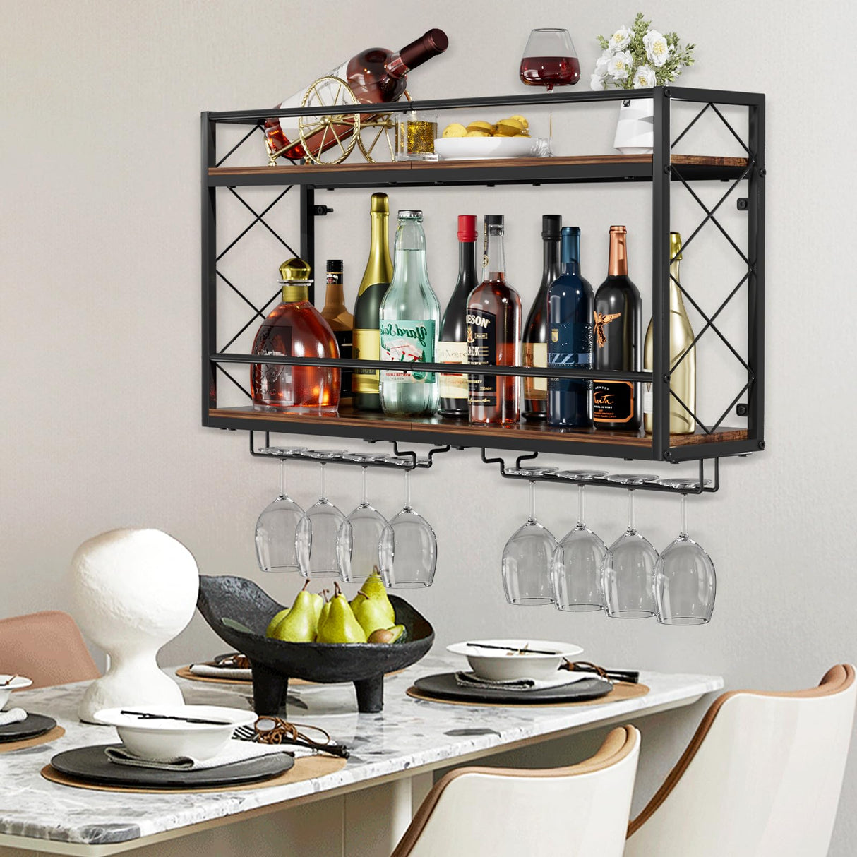 NEYCIL Wall Mounted 2 Tier Wine Rack with Glass Holder, Double Layer Anti-Drop Crossbar, 31.5" Metal Wood Wall Mount Wine Rack for Home Kitchen Dining Room Coffee Shop Bar, Black NEYCIL