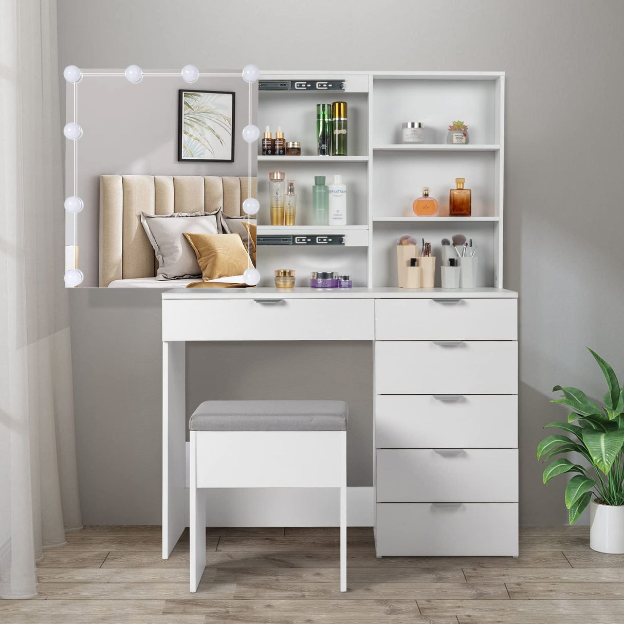 Karl home Vanity Desk with Sliding Mirror, 6-Drawer Makeup Vanity, Bedroom Makeup Desk, Vanity Table with Adjustable Brightness & 3 Colour Light Modes,White Karl home