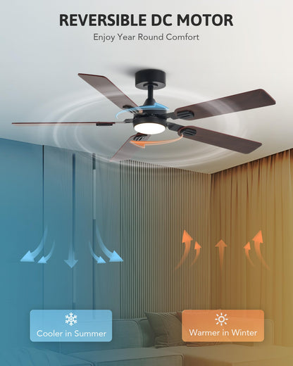 VONLUCE Ceiling Fans with Lights and Remote, 52" Ceiling Fan with 5 Blades, 6-Speeds Noiseless Reversible DC Motor for Farmhouse Bedroom Indoor, Walnut - WoodArtSupply