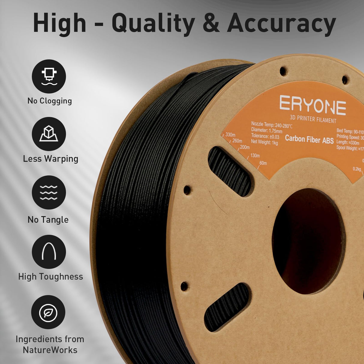 ERYONE Carbon Fiber ABS 3D Printer Filament 1.75mm +/- 0.03mm, 3D Printing Filament ABS CF 1kg Spool (2.2LBS), Black ERYONE