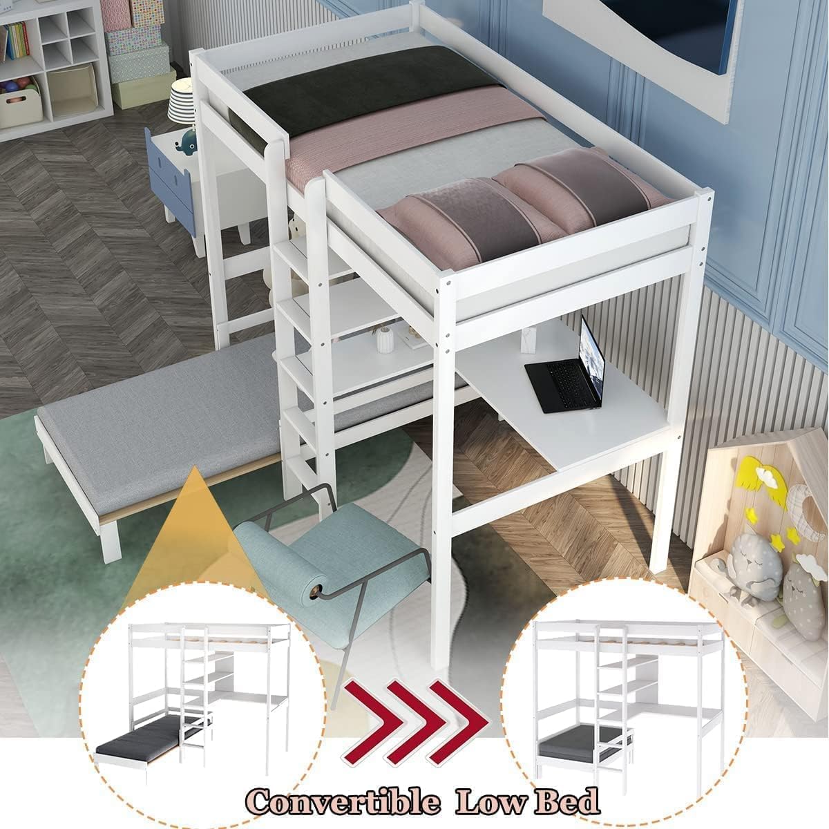 MERITLINE Twin Loft Bed with Versatile Desk and Bookshelf in White - WoodArtSupply