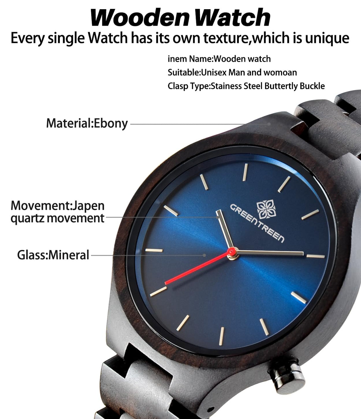 GREENTREEN Wooden Watches for Men Women: Analog Quartz Wrist Watch - Lightweight Natural Wood Watch for Gift Birthday Wedding Graduation GREENTREEN