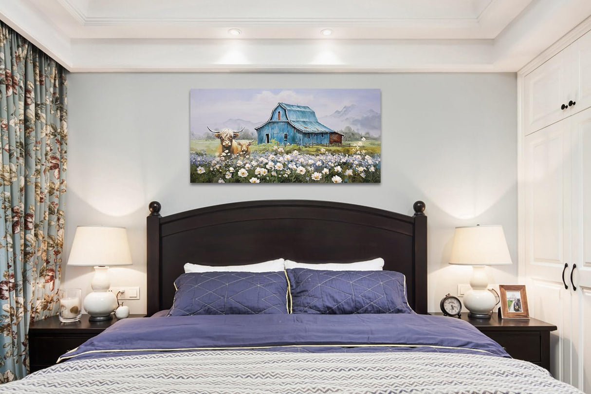 Anolyfi Blue Barn Picture Farmhouse Canvas Wall Art Highland Cow and White Flowers Landscape Textured Painting Large Scenery Artwork Framed for Living Room Bedroom Bathroom Office Home Decor 40"x20" Anolyfi