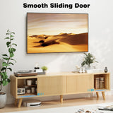 Buenhomino TV Stand for TVs Up to 75 Inches, Boho Entertainment Center Wood TV Stand with Fluted Sliding Doors & Shelves, TV Console Table Media Cabinet with Storage for Living Room Bedroom, Natural Buenhomino